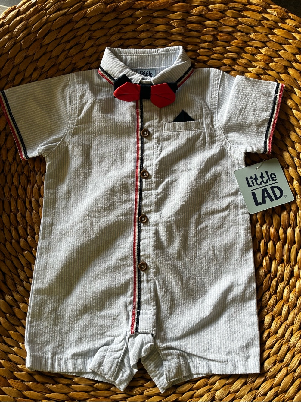 Little LAD White Short-Sleeve Romper with Red Bow Tie